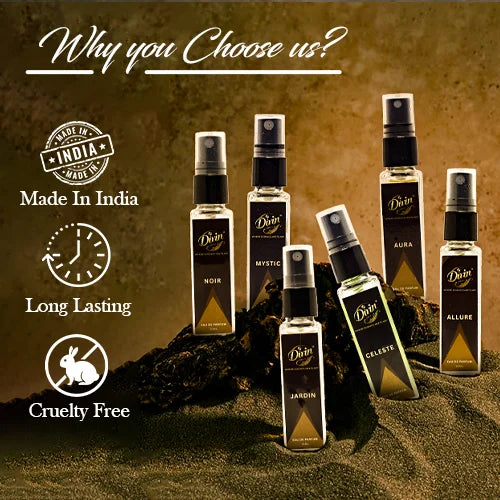 Promotional image featuring six mini bottles of Divin Scent perfumes labeled Noir, Mystic, Jardin, Celeste, Aura, and Allure, displayed on a textured earthy background with icons highlighting features — Made in India, Long Lasting, and Cruelty Free.