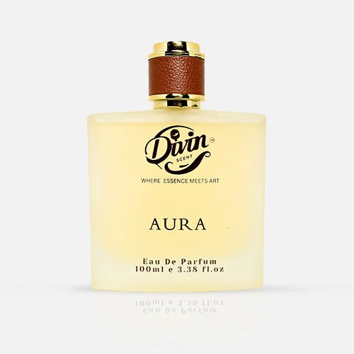 A 100ml bottle of Divin Scent Aura Eau De Parfum featuring a frosted glass design with a golden cap wrapped in brown leather and elegant black typography.