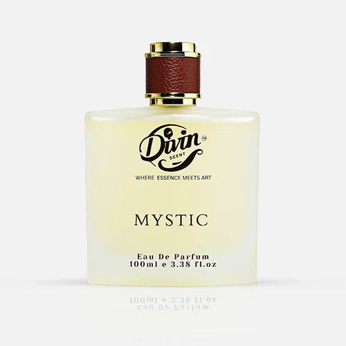 A 100ml bottle of Divin Scent Mystic Eau De Parfum with a frosted glass body, golden rim, and brown leather-textured cap, showcasing an elegant minimalist design
