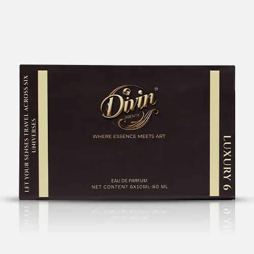 Promotional image featuring six mini bottles of Divin Scent perfumes labeled Noir, Mystic, Jardin, Celeste, Aura, and Allure, displayed on a textured earthy background with icons highlighting features — Made in India, Long Lasting, and Cruelty Free.