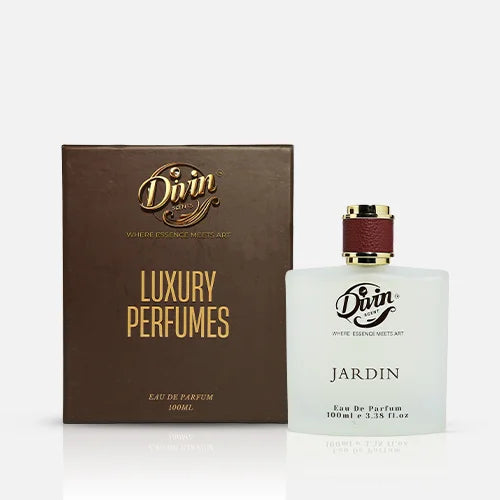 Divin Jardin luxury perfume bottle placed beside a brown box labeled ‘Luxury Perfumes’, featuring gold text and elegant packaging design for 100ml Eau de Parfum