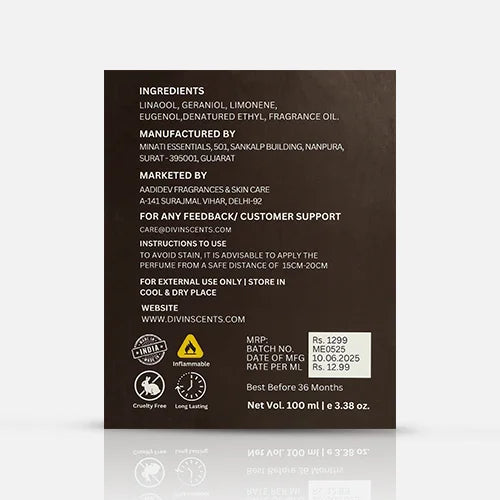 A 100ml bottle of Divin Scent Mystic Eau De Parfum placed on a wooden surface with fresh lime slices, lychee, and blooming flowers, symbolizing the perfume’s citrus, floral, and woody fragrance blend.