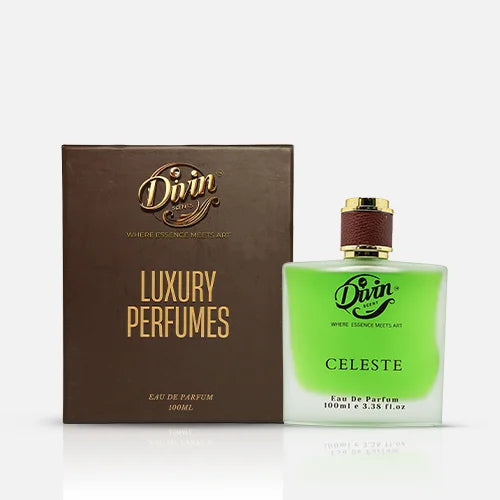 Divin Celeste Eau de Parfum 100ml – luxury long-lasting, cruelty-free perfume made in India with elegant green packaging