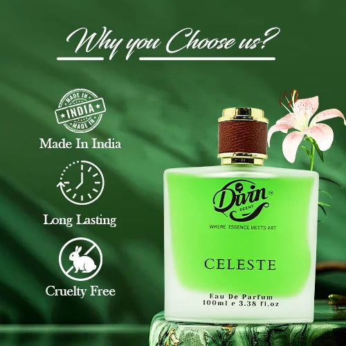 Divin Celeste Eau de Parfum 100ml – luxury long-lasting, cruelty-free perfume made in India with elegant green packaging