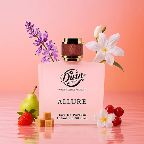A 100ml bottle of Divin Scent Allure Eau De Parfum placed against a soft pink background, surrounded by lavender, jasmine, pear, strawberry, cranberries, and sugar cubes, symbolizing its floral and fruity fragrance notes.