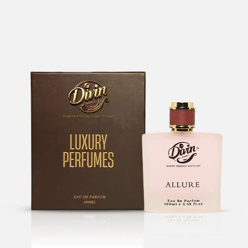 A 100ml bottle of Divin Scent Allure Eau De Parfum placed beside its elegant brown packaging box labeled “Luxury Perfumes.” The perfume bottle features a frosted finish with a gold and brown cap.