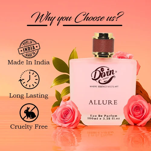 Promotional image of Divin Scent Allure Eau De Parfum 100ml bottle placed among pink roses with a gradient peach background, highlighting features like Made in India, Long Lasting, and Cruelty Free.