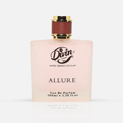 Divin Allure Eau de Parfum 100ml – premium long-lasting unisex fragrance in a frosted pink bottle with gold and leather accents.