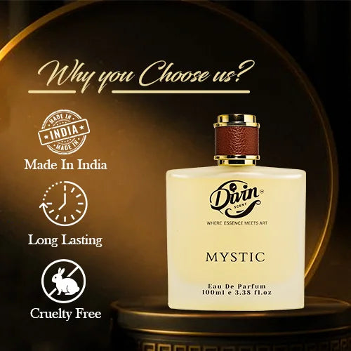 Promotional image of Divin Scent Mystic Eau De Parfum 100ml bottle placed on a dark golden background with icons highlighting its features: Made in India, Long Lasting, and Cruelty Free.