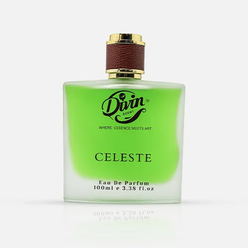 Divin Celeste perfume bottle displayed on a green background with icons highlighting key features — Made in India, Long Lasting, and Cruelty Free — beside a pink flower