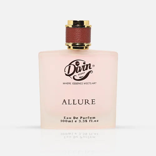 Divin Allure Eau de Parfum 100ml – premium long-lasting unisex fragrance in a frosted pink bottle with gold and leather accents.