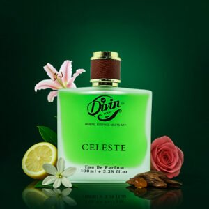 Divin Celeste perfume bottle displayed on a green background with icons highlighting key features — Made in India, Long Lasting, and Cruelty Free — beside a pink flower