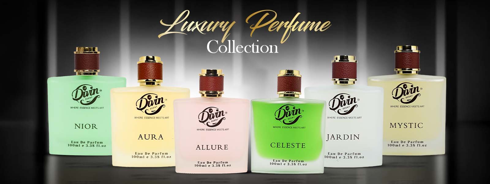 Divin Luxury Perfume Collection featuring Noir, Aura, Allure, Celeste, Jardin, and Mystic premium long-lasting Eau de Parfum bottles for men and women